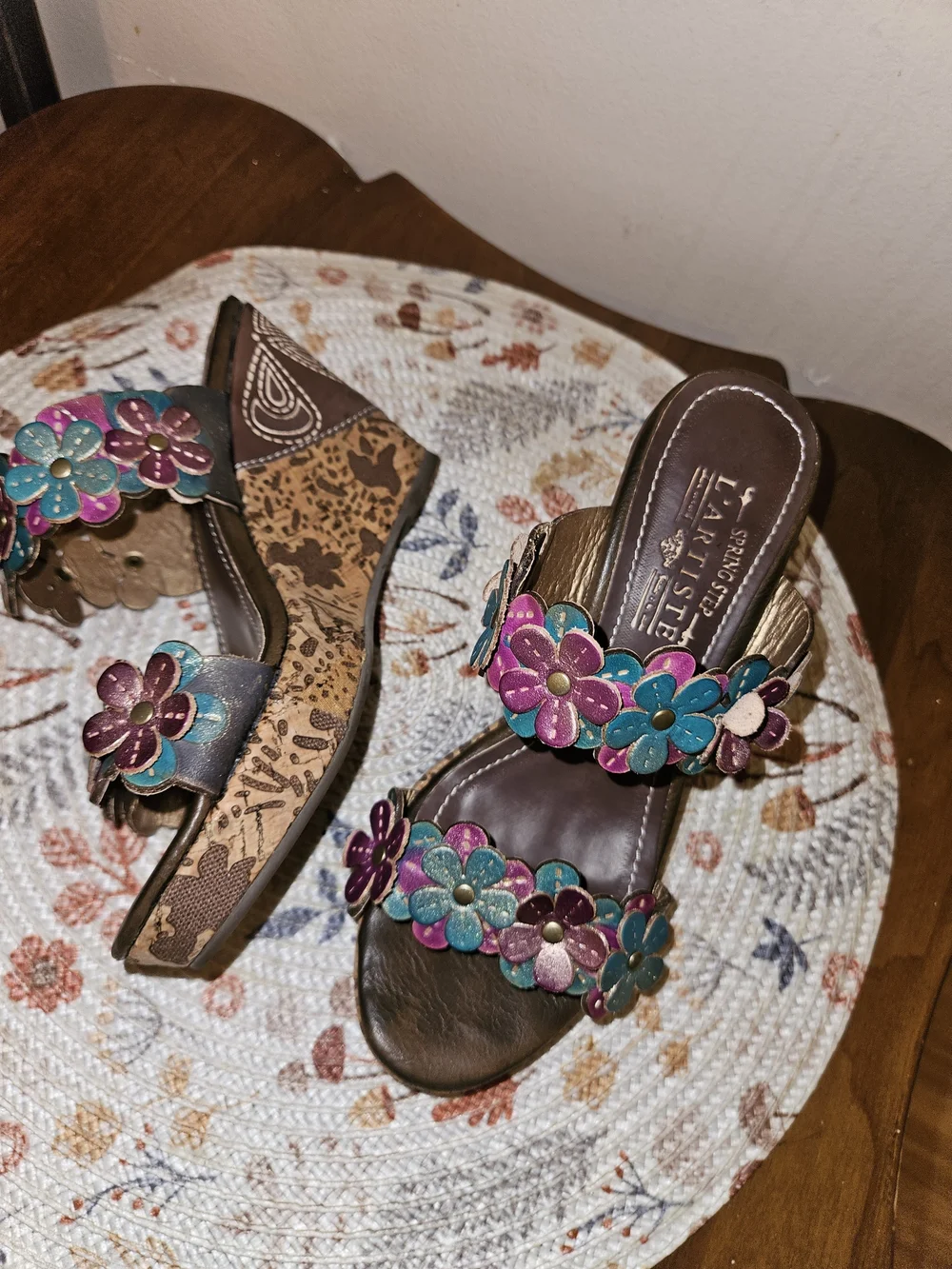 L'artiste Teal and Magenta Floral Leather Wedge Sandals